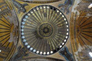 Looking up into domes of the Hagia Sophia, mosaic (restored), 537 AD. Image Christophe Meneboeuf, Wikipedia, 20 June 2010