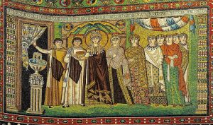 Empress Theodore with courtiers, mosaic, Basilica San Vittale, Ravena, 547 AD. Image: Petar Milošević, Wikipedia, 27 April 2015